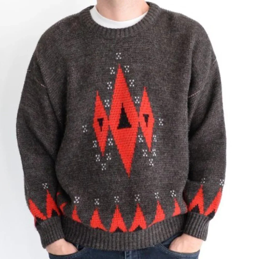 Vintage Pause Brown Red Wool Knit Grandpa Crew Neck Men's Large Unisex - Picture 2 of 13